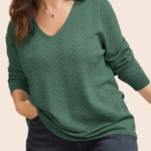 Bloomchic Pointelle V‑Neck Green Knit Sweater